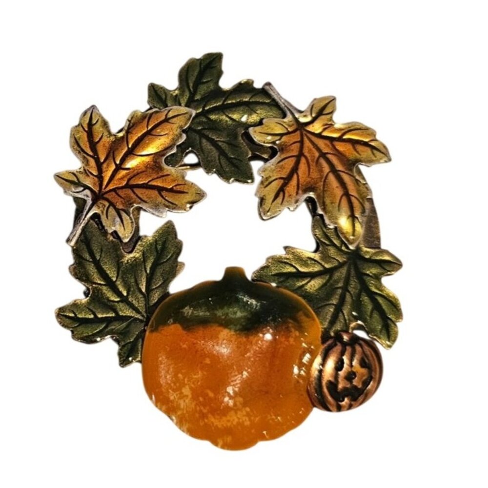 KC Autumn Harvest Pumpkin Maple Leaves Wreath Brooch Fall Themed Brooch Pin 2"